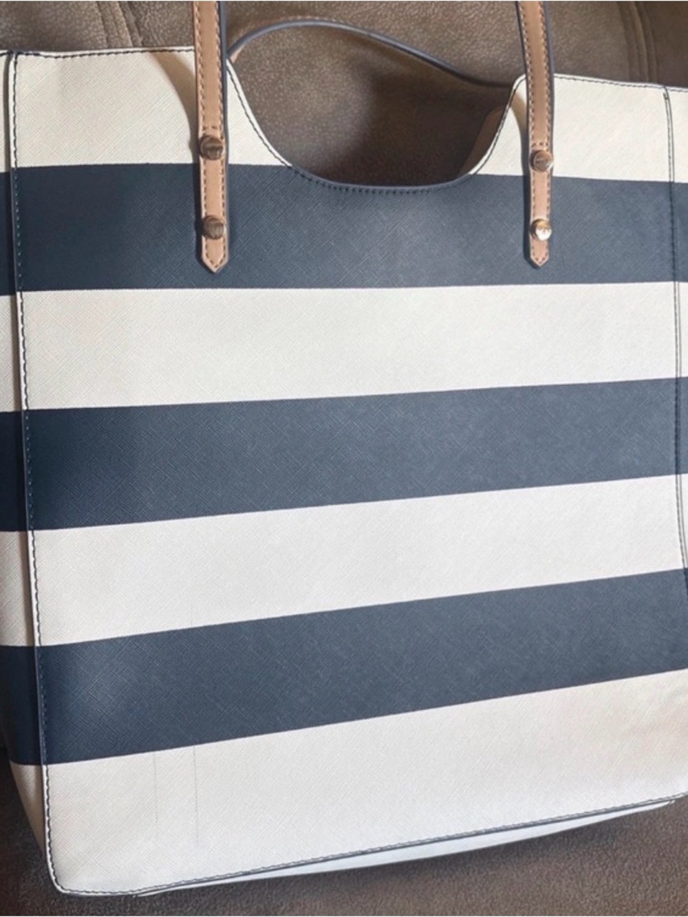 Madison West Navy and White Striped Shoulder Tote with Tan Handles